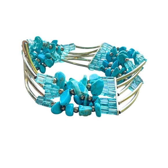 Turquoise Chip Bead Cuff Bracelet Multi Strand Wire Wrap Vintage Style Jewelry - Picture 1 of 9